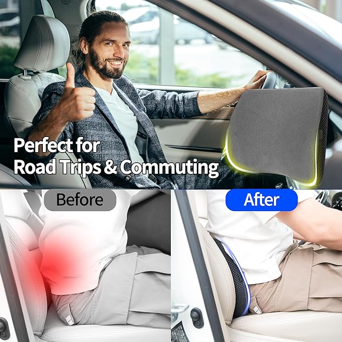 Lumbar Support Pillow for Car, Lower Back Support for Driving Seat Memory Foam Lumbar Pillow for Office Chair - Back Pain Relief for Car Seat, Wheelchair (Dark Gray)
