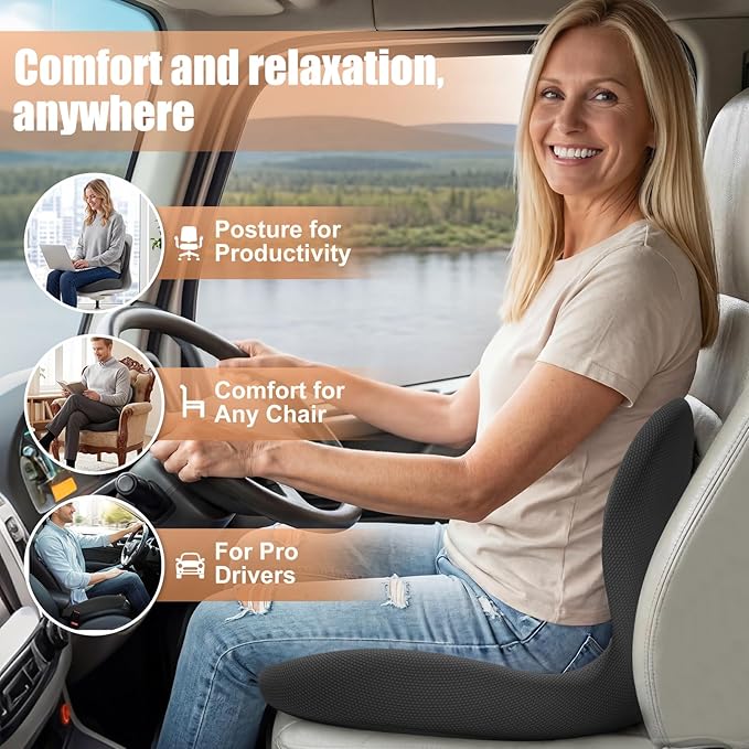 Car Seat Cushion with Lumbar Support for Long Driving Truck RV, 3" Lift Breathable Ergonomic Memory Foam Cushion for Hip, Coccyx, Sciatica, Tailbone & Lower Back Support Vehicles Office Chair (White)