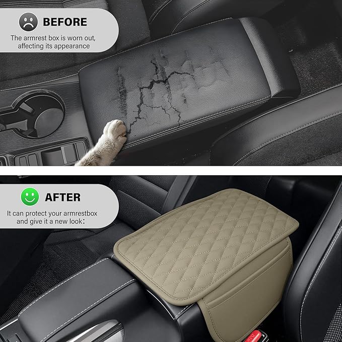 Amiss Car Center Console Cover, Leather Car Armrest Cushion with 2 Storage Pockets, Universal Waterproof Cushion Pad, Non-Slip Car Interior Accessories, Fits Most Sedans SUVs Trucks (Light Beige)