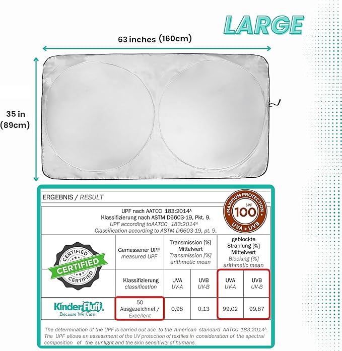 Windshield Sun Shade - Certified 99.87% UVB & 99.02% UVA Protection Car Sun Shade. Award Winning Sunshade for Car Windshield with Patented Technology. Size L 63"x35" Car Window Shades by Kinder Fluff