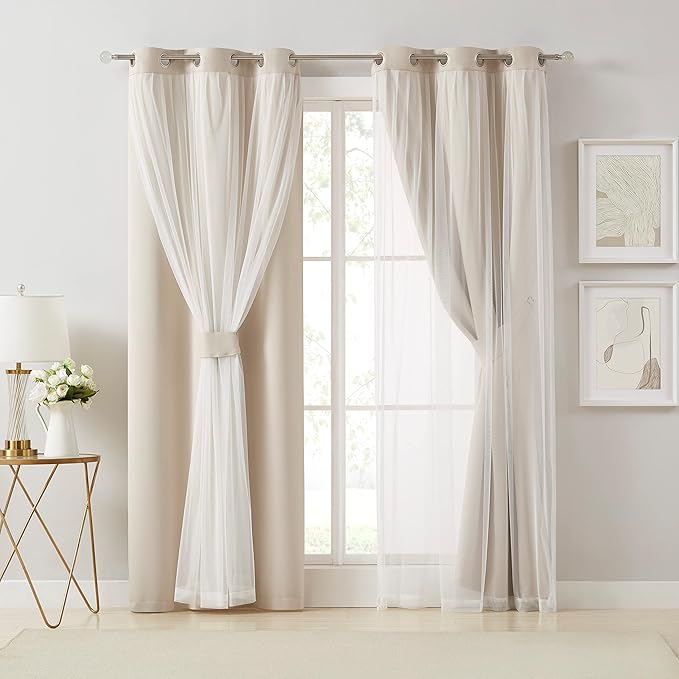 Bujasso Beige 80% Blackout Curtains with Sheer Overlay Mix and Match Double Layer Thermal Insulated Window Panels 102 inch for Living Room Bedroom Beige Drapes with Tiebacks Grommet Top 54" Wx102 Lx2