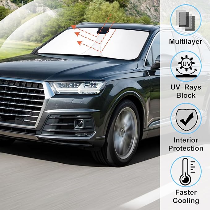 Windshield Sun Shade Custom Fit for 2016-2024 2025 2026 Audi Q7 SUV Accessories Foldable Sunshade Sun Blocker Protect Car from Sun Rays & Heat Damage Keep Car Cooler