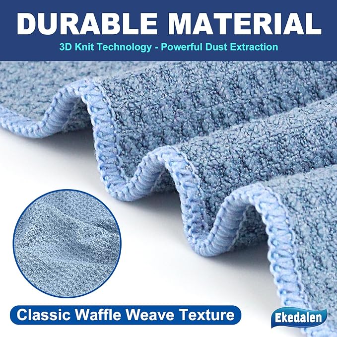 Microfiber Cleaning Cloth Waffle Weave for Dusting Absorbent Towel Quick Drying Dust Rags Household Kitchen, Lint Free Streak Free, 6 Pack,12 x 12 Inches, Blue