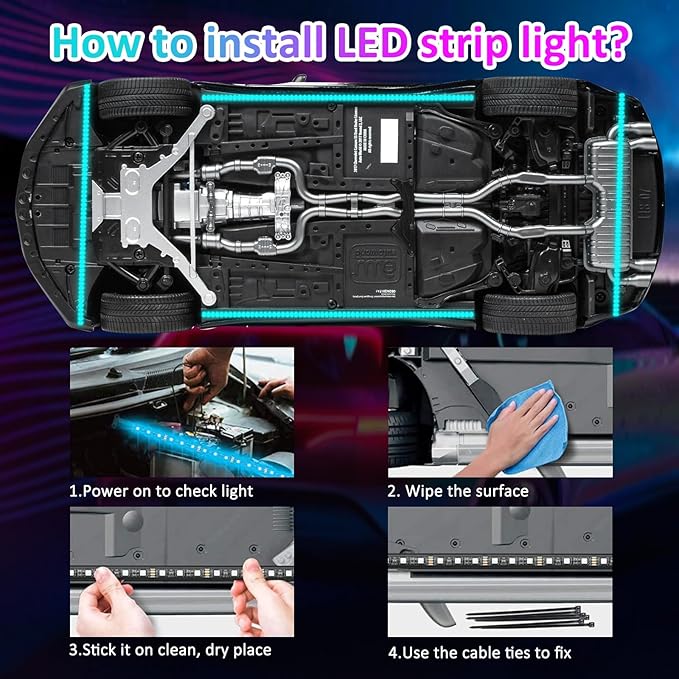 YUGUANG 4Pcs Underglow Kit for Car, APP Control Multicolor Car Underglow Light Kit Music Sync RGB Underbody Strips Light Waterproof for Cars Trucks SUVs