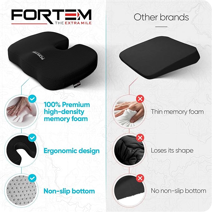FORTEM Seat Cushion, Office Chair Cushion, Desk Chair Memory Foam, Sciatica Coccyx Tailbone Pain Relief, Pressure Relief, Sitting Pad, for Long Gaming & Sitting, Washable Cover, Non Slip, XL