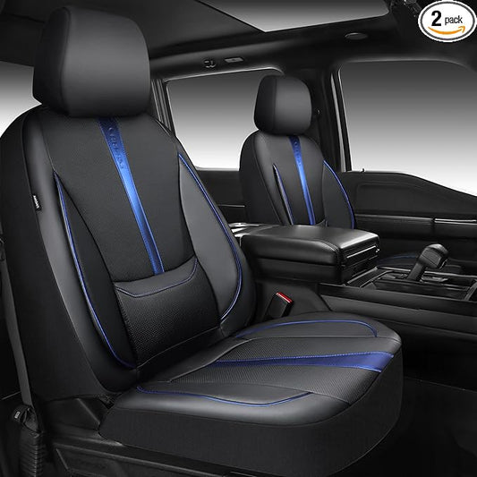 CAR PASS Nappa Leather Two Front Car Seat Covers, Water Resistant Faux PU Leather Seat Covers, 3D Foam Support Automotive Seat Covers Comfortable & Durable Universal Fit for Cars SUV Truck, Black Blue