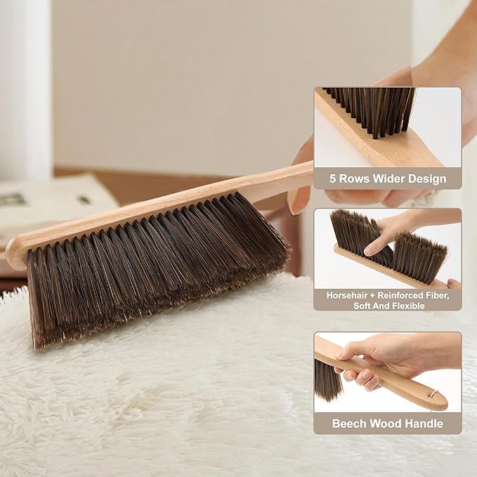 Hand Broom, 3 Pcs Dust Brush Set, 5 Rows Wider Horsehair Brush with Reinforced Fiber and Beech Wood Handle, Soft and Flexible for Furniture, Sofa, Bed, Clothes, Carpet, Counter, Bench