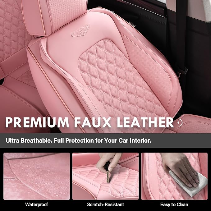 Coverado Full Set Car Seat Covers, Luxury Faux Leather Waterproof Seat Covers, Pink Car Seat Protectors, Universal Fit for Most Cars, Automotive Seat Covers-Pink