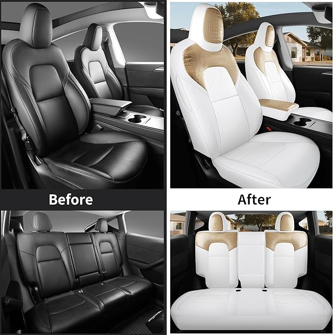 for Tesla Model Y Car Seat Cover Custom Fit 2020 2021 2022 2023 2024 Crocodile and Nappa Leather Seat Cover Full Set Interior Accessories (Crocodile Skin Golden+White)