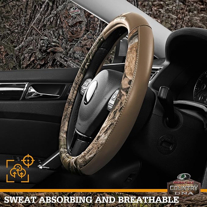 Mossy Oak Camo Steering Wheel Cover, Durable Grip Car Steering Cover, Universal Fit 14.5"–15.5" - Made with Premium Beige PVC Leather and Cotton Fabric, Anti-Slip - Official Licensed Product