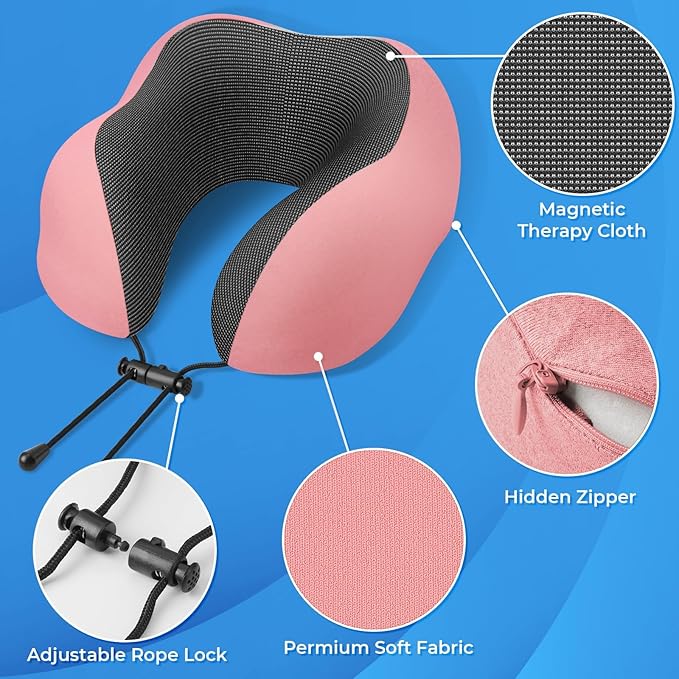 Travel Pillow, Travel Pillows for Sleeping Airplane, Neck Pillow Airplane, Memory Foam Neck Pillow Set with Eye Mask, Earplugs and Storage Bag -Pink