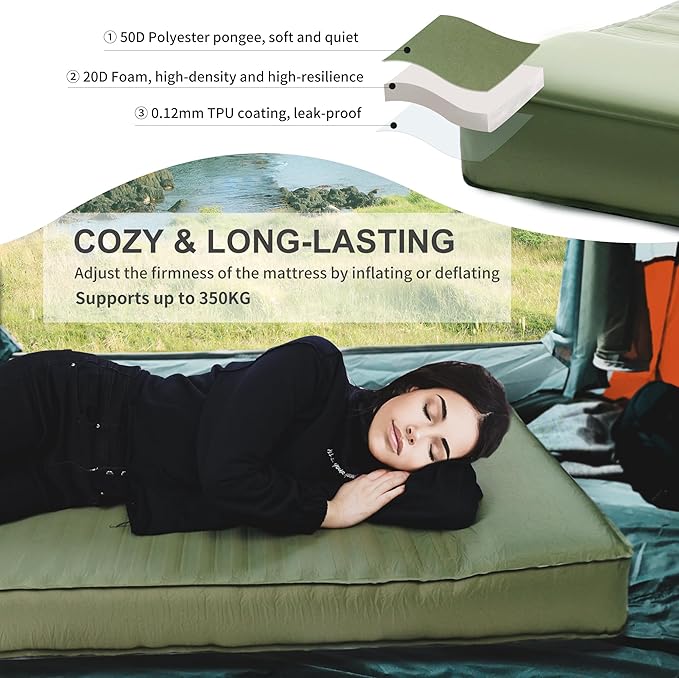Origem Self Inflating Sleeping Pad with Electric Pump, 4" Ultra-Thick Memory Foam Camping Mattress, Foam Campinging Mat for Tent, Camping,Traveling and Car, Easy to Inflate and Deflate (Green)