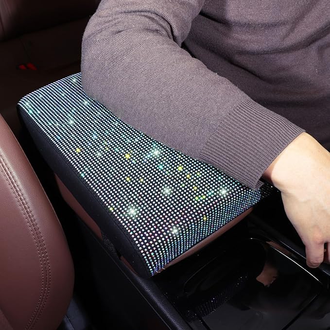 Bling Car Armrest Cover with Memory Foam Cushion Pad & Rhinestones, Universal Diamond Center Console Cover for Cars, Bling Middle Console Cover, Bling Car Accessories for Women, AB Color