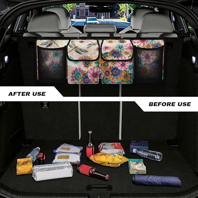 Dragonfly Car Trunk Organizer for Women Lady Boho Floral Blossoms Waterproof Hanging Car Storage Organizer Trunk Storage Bag