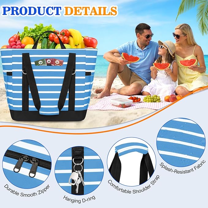 HUANLANG Soft Cooler Bag Insulated for Travel,Large Insulated Grocery Bags with Zippered Top,PEVA Collapsible Food Delivery Cooler Bag for Beach, Travel, Picnics