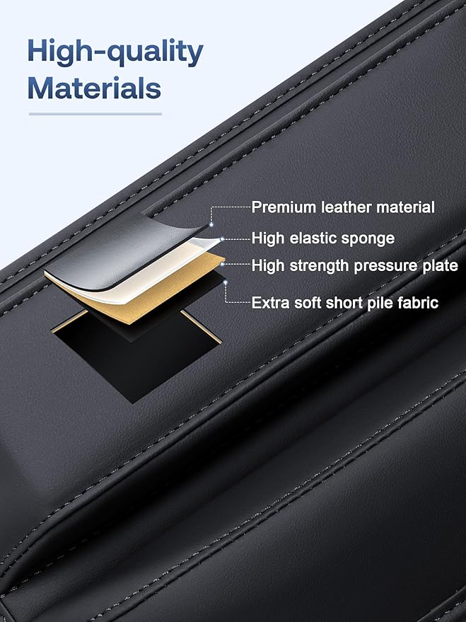 Premium Leather Car Seat Gap Filler Organizer (0.2”-1.2" Gaps), Clever Gifts for Car SUV Truck Owners (Black, 2 Pack)