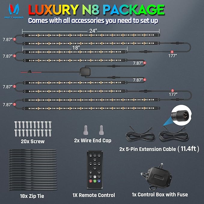 MICTUNING N8 RGBW Underglow Light Bars Specially for RVs, App/Remote Control, Aluminum Housing Waterproof, Exterior Neon Accent Underbody LED Light Strips, w/ 2PCS 11.5FT Extension Cords, 8PCS