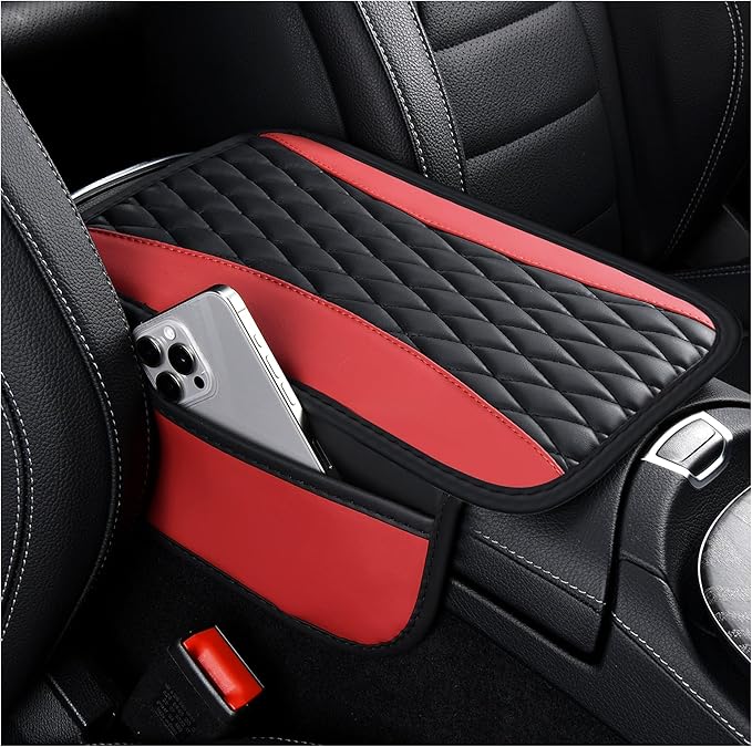 IHOTDER Patchwork Leather Center Console Covers for Cars,Upgraded Arm Rest Cover for Car with Side Storage Pocket for Car Seat Organizer,Middle Console Cover Stylish Car Decoration (Red)
