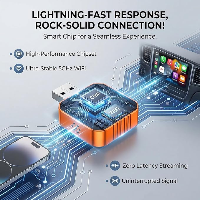 2026 Wireless CarPlay Adapter, Upgraded Wired to Wireless, Supports CarPlay & Android Auto, Plug and Play, Fast Auto Reconnect, Stable Contrl, Zero Lag, Heat Dissipation, Noiseless Car Use