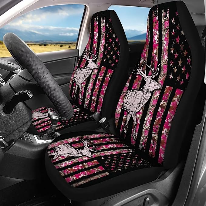 KEIAHUAN Branch Deer Camo Hunting Car Seat Covers Front Seat Cover and Split Rear Bench Seat Covers Set of 4 Stretchable Auto Interior Decoration Accessories for Sedan, Truck, SUV, Van, Pink