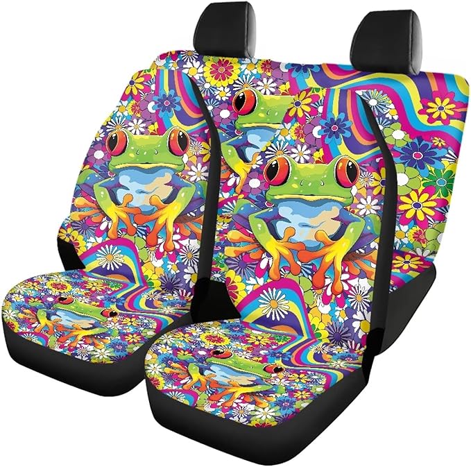 KEIAHUAN Frog Hippie Flower Car Seat Cover for Women 4 Piece Stretchy Front and Back Seat Covers Auto Interior Accessories Universal Fit for SUV Sedan and Truck