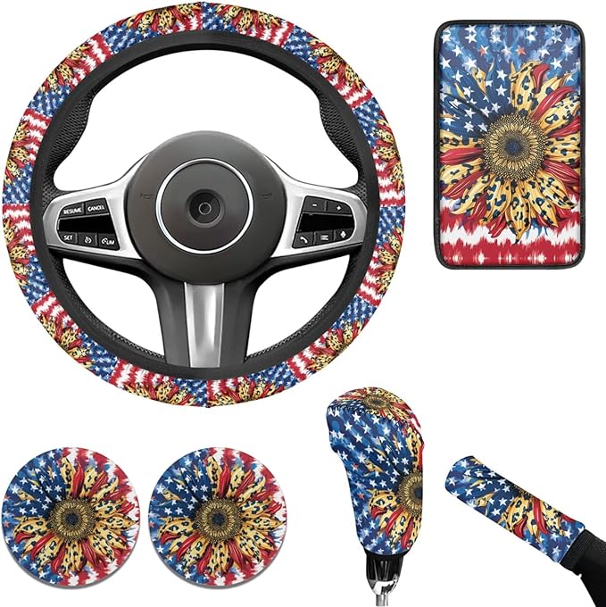 American Flag Steering Wheel Cover Car Accessories for Women Sunflower Print Car Armrest Cover Handbrake Coer Auto Interior Sets-6pcs
