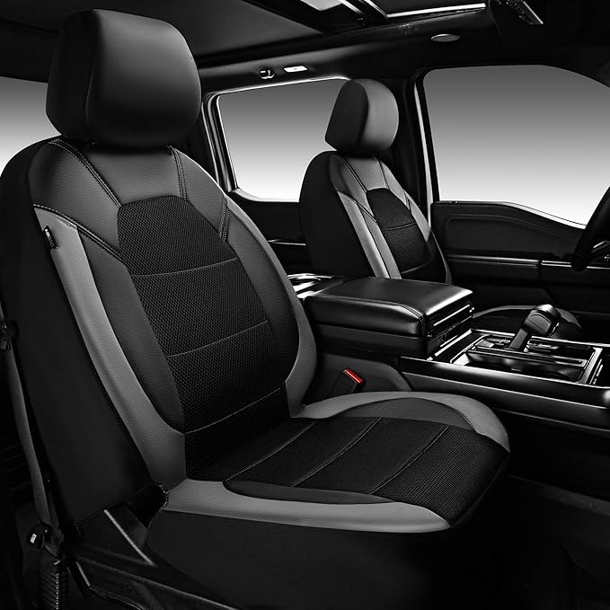 CAR PASS Leather Seat Covers, Automotive Sport Car Seat Cover Super 5mm Composite Sponge Inside, Airbag Compatible Universal Fits Most Cars, SUVs, Trucks and Vans (Full Set,Black & Gray)