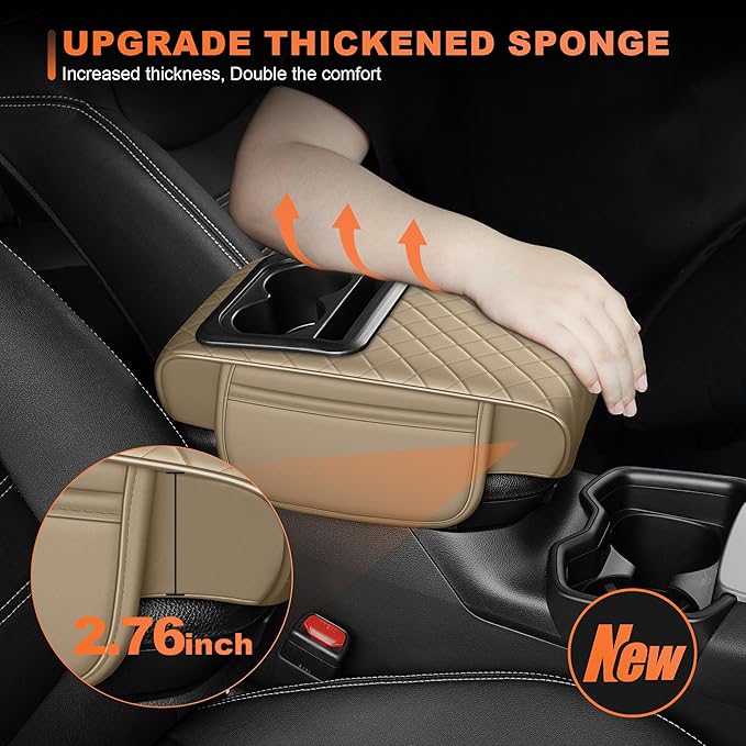 Center Console Cover Fit for Kia Sorento 2003-2025 with 2 Storage Bags Waterproof Leather Quilted Pattern Car Armrest Cover Cushion Elevating Pad Anti-Slip(Beige)