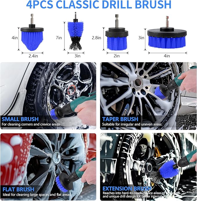 32Pcs Car Detailing Kit, Drill Brush Attachments with Detailing Brush Set and Tools Box, Blue Auto Cleaning Kit Interior for Dashboard, Wheels, Windows (C：32PCS-B)