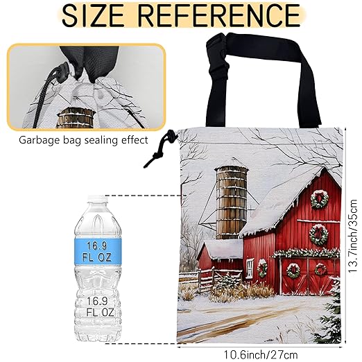 Snowy Red Barn Car Trash Bag,Mistletoe Wreaths Strap Drawstring Car Garbage Bags,Car Back Seat Organizer with Adjustable Buckle for Car Accessories