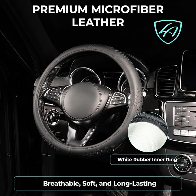 Lord Autofashion Steering Wheel Cover – PU Leather, Non-Slip Rubber Inner, All-Season Comfort – 14.5–15 Inch (Black 9356)