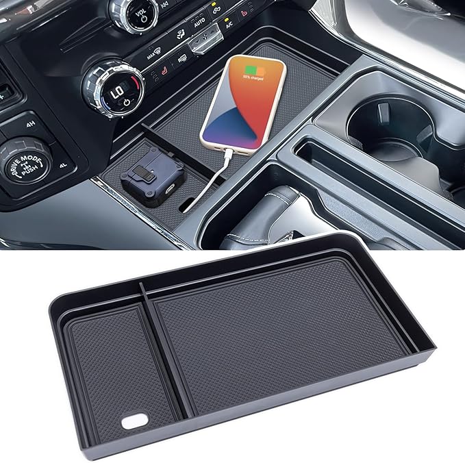 PIMCAR Center Console Organizer for 2021-2026 Ford F150 & 2022-2025 F150 Lightning XLT Pro Hidden Storage Tray with USB Hole Interior Accessories (Fits into The Open Pocket in Front of The Shifter)