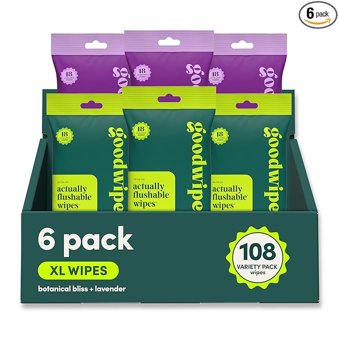 goodwipes Flushable Wipes Travel Size - Extra Large Adult Wet Wipe - On-the-Go Portable Wipes - Sewer & Septic Safe - Hygiene Essentials - Botanical Bliss & Lavender, 108 Count (6 Packs)