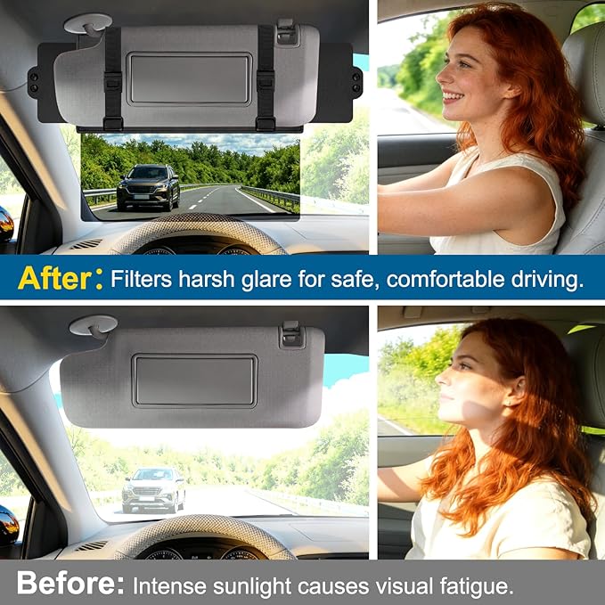 Veharvim Sun Visor Extender for Car (Polarized, UV400, Zipper Slider, 2 Side Sunshade, PC Lens) Visor Extender Attachment for Car Visor, Anti-Glare for Safe Driving