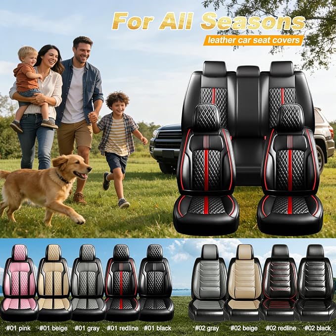 Fit CX-50 Car Seat Covers (Front Pair) for Select Mazda CX50 2023-2026 - Premium Full Coverage Leather, Airbag Compatible, Luxury Waterproof & All Weather Breathable Seat Protector, Red Trim