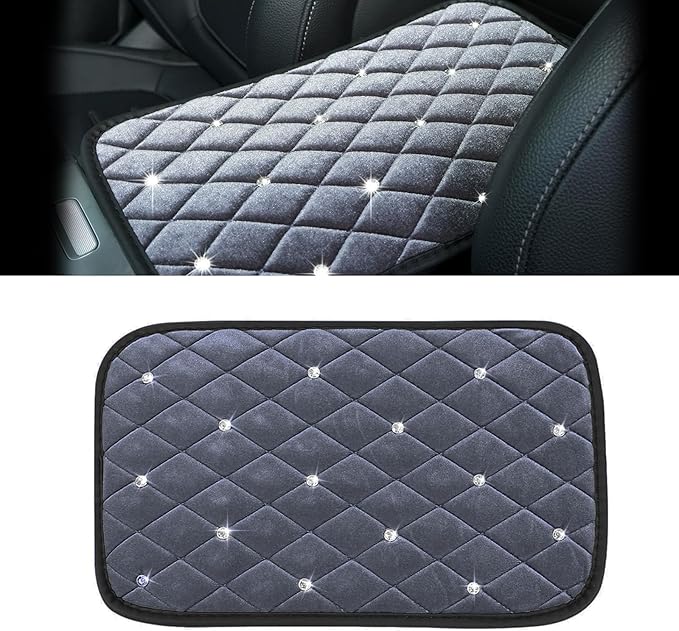 Bling Car Center Console Cover, Soft Fluffy Armrest Seat Box Cushion Pad, Crystal Diamond Arm Rest Protection Mat, Automotive Interior Decoration Accessories for Most Vehicles (Gray)
