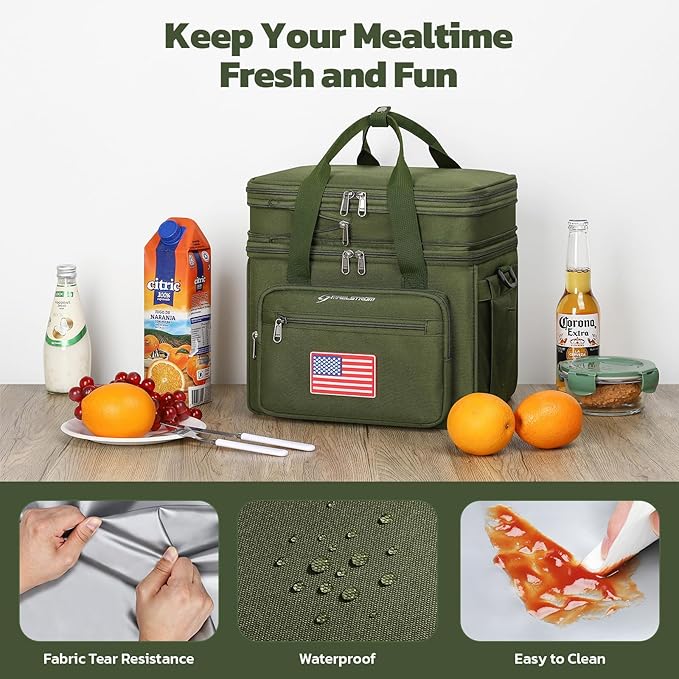 Maelstrom Lunch Box, 23L Insulated Lunch Bag, Expandable Double Deck Cooler Bag, Lightweight Leakproof Tote Bag With Side Tissue Pocket, Suit For Men and Women (G.Army Green with DIY Hook-and-Loop)