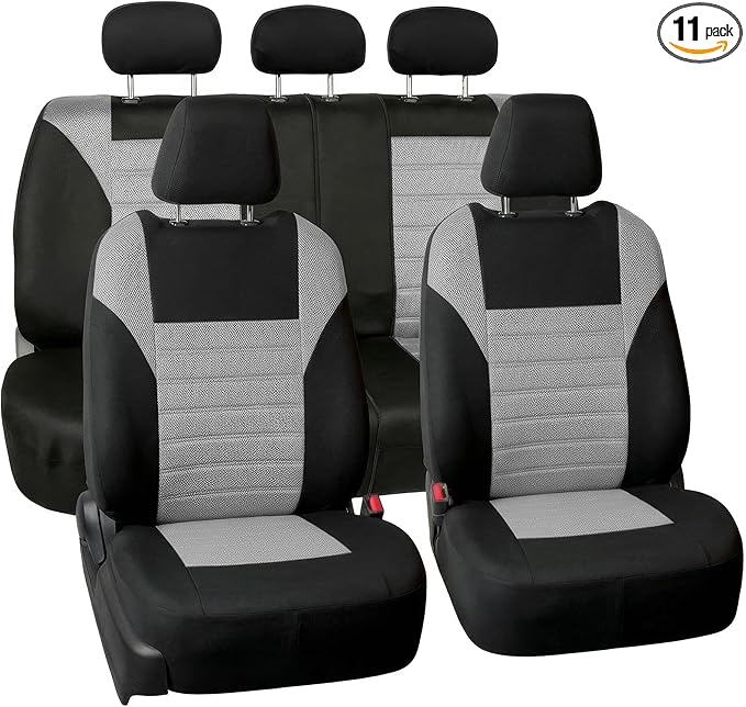 FH Group Automotive Car Seat Covers Full Set Premium 3D Air Mesh Front Seat Covers, Airbag Compatible & Split Bench Cover Universal Fit Interior Accessories for Cars Trucks and SUVs - Gray