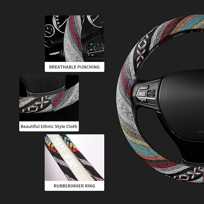 GXT 15 inch New Baja Blanket Car Steering Wheel Cover Universal Fit Most Cars Automotive Ethnic Style Coarse Flax Cloth (Red Blue)
