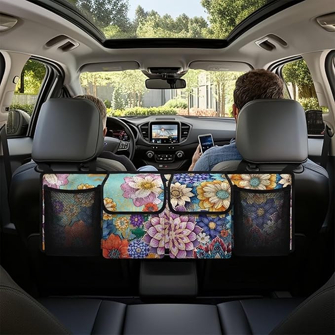 Boho Mandala Floral Blossom Car Trunk Organizer with 3 Adjustable Buckles Hanging Cargo Bag with 4 Storage Bags,Sturdy Space Saving Expert,Gift for Women