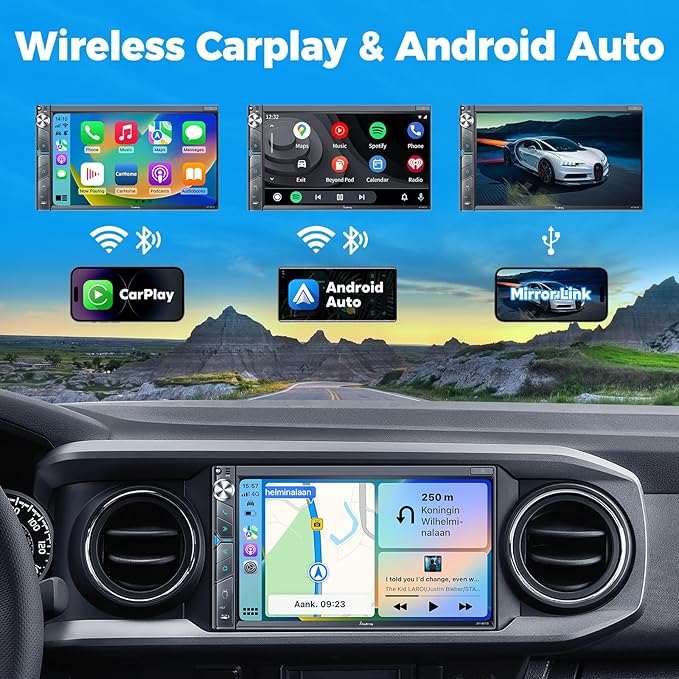 SJoyBring Double Din Car Stereo with Dash Cam, Wireless Apple CarPlay & Android Auto, 240W 4.2CHN, 7" Touchscreen, SWC, Bluetooth, FM/AM Car Radio, 2 Subwoofers Outputs, Backup Camera