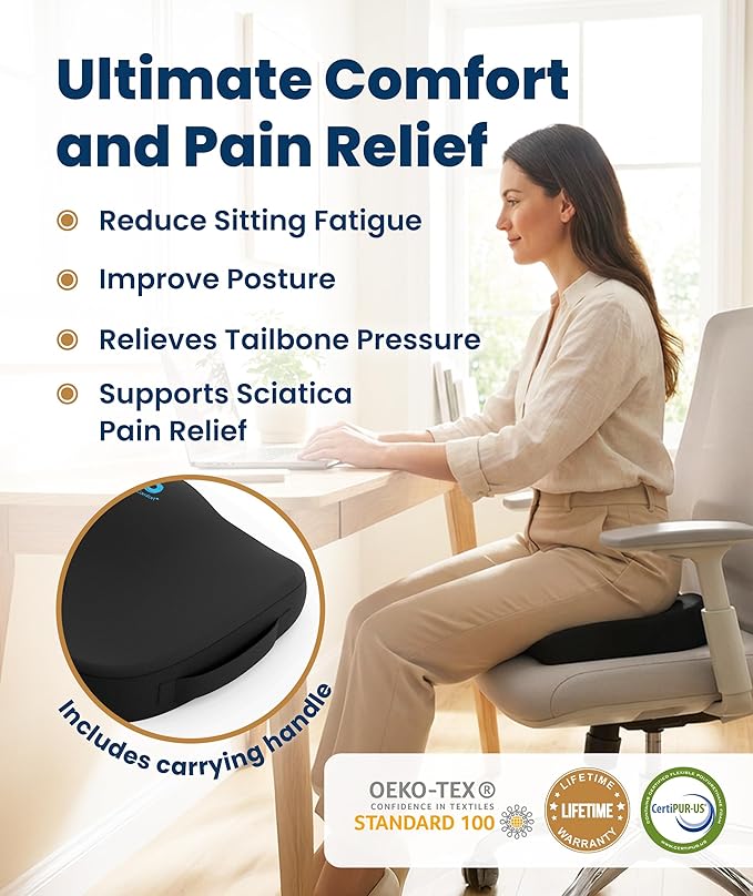 Everlasting Comfort Doctor Recommended Memory Foam Seat Cushion for Office Chairs & Car - Ergonomic Office Desk Accessories - Cushions for Tailbone Pain Relief, Sciatica (Black Cool, Large)