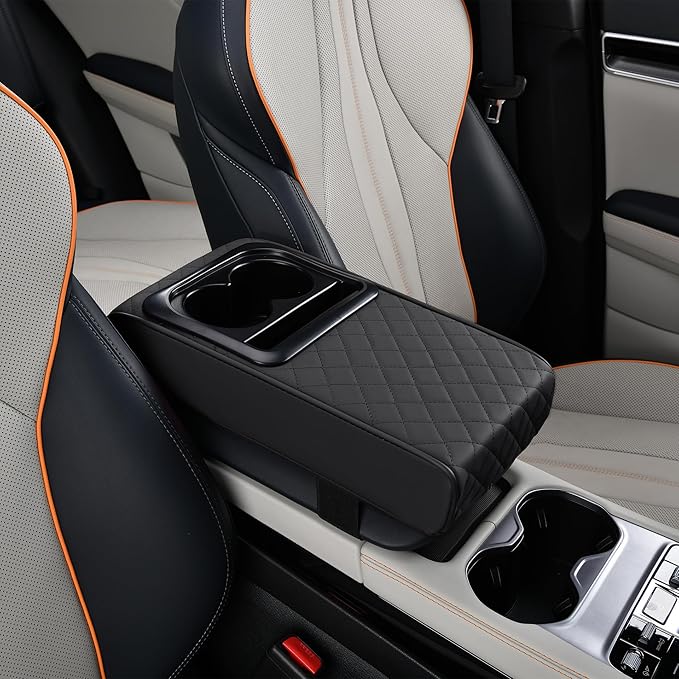 Center Console Cover Car Armrest Box Pad Leather Arm Rest Cushion with Cup Holder Mobile Phone Storage Armrest Protection Pad for Car (Grid Black, 13.58 * 8.07 * 2.95 inch)