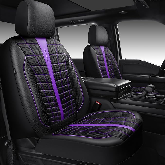 CAR PASS 3D Air Mesh Seat Covers for Car, Leather Car Seat Cover Front Seats, Breathable Foam Premium Leather Mesh Front Seat Covers Universal Fit for Cars Sedans Trucks Vans SUVs, Black Purple