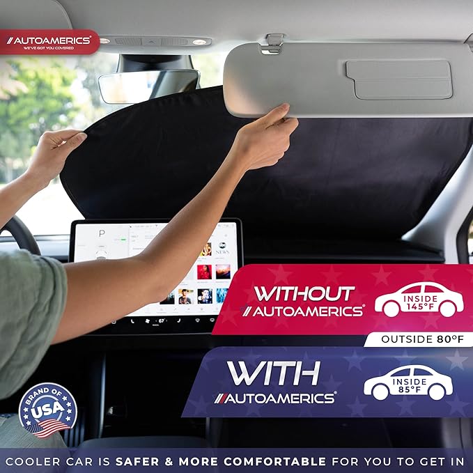 Autoamerics Windshield Sun Shade 2-Piece Foldable Car Front Window Sunshade for Full Size SUV Truck Tesla - Auto Sun Blocker Visor Protector Blocks Max UV Rays and Keeps Your Vehicle Cool - Large Fit