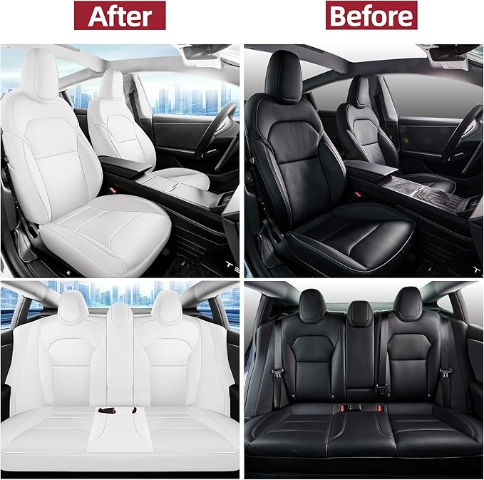 Customized Seat Cover for Tesla Model 3 2024 2025 Highland Long Range (Not for Performance) Nappa Leather Car Interior Airbag Compatible Cushion Cover Full Set (T3-White-24-25)