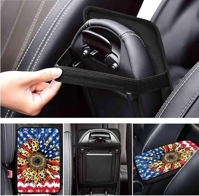 American Flag Steering Wheel Cover Car Accessories for Women Sunflower Print Car Armrest Cover Handbrake Coer Auto Interior Sets-6pcs