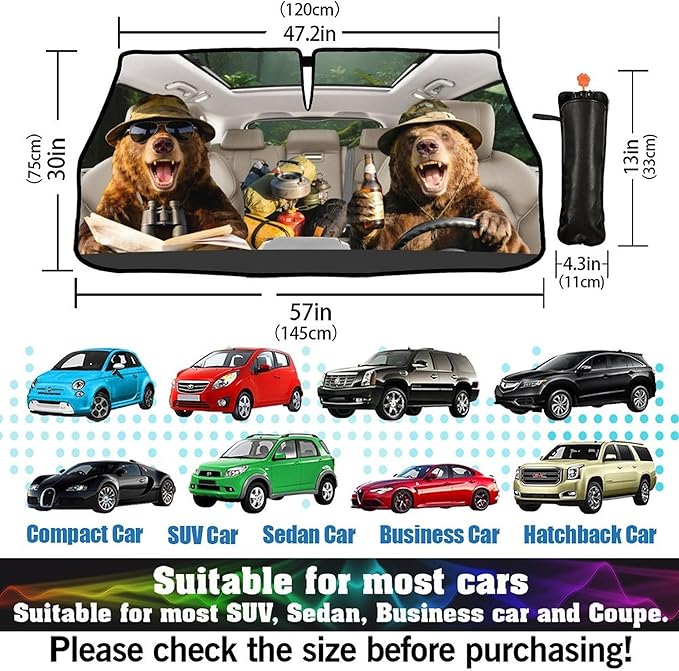 CHILL·TEK Funny Car Windshield Sun Shade Umbrella, Funny Bear Car Sun Shade Umbrella, Block UV Rays Heat Foldable Windshield Umbrella Sun Visor Protector - Keep Vehicle Cool for Cars SUV