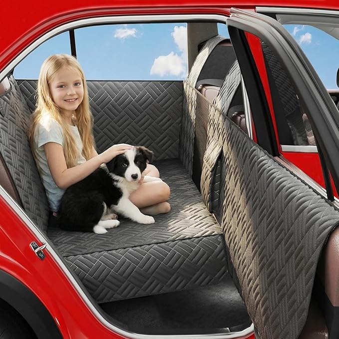 Dog Car Seat Cover for Back Seat- Heavy Duty Waterproof-Hard Bottom Backseat Extender Fits Sedan SUV & Small Truck, Full Coverage for Doors, Rear Seats & Front Headrests