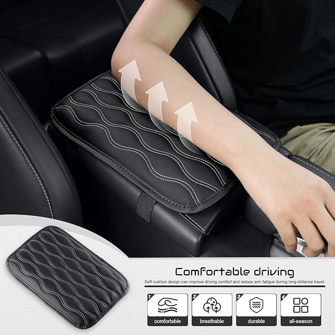 Amiss Auto Center Console Pad, Universal Waterproof Armrest Seat Box Cover, Car Interior Accessories, Leather Auto Armrest Cover Protector for Most Vehicle, SUV, Truck (White Line)